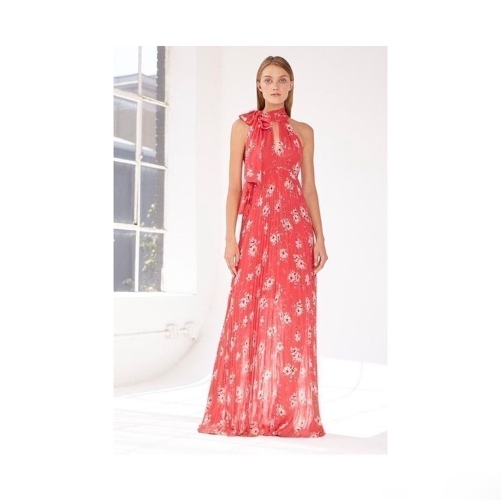 Monique Lhuillier Coral Red Floral Maxi Dress
